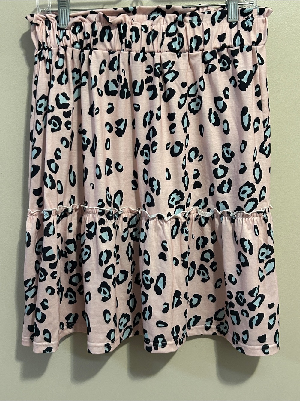 Tickled Teal Pink Blue Leopard Print Ruffle Hem Skirt Medium